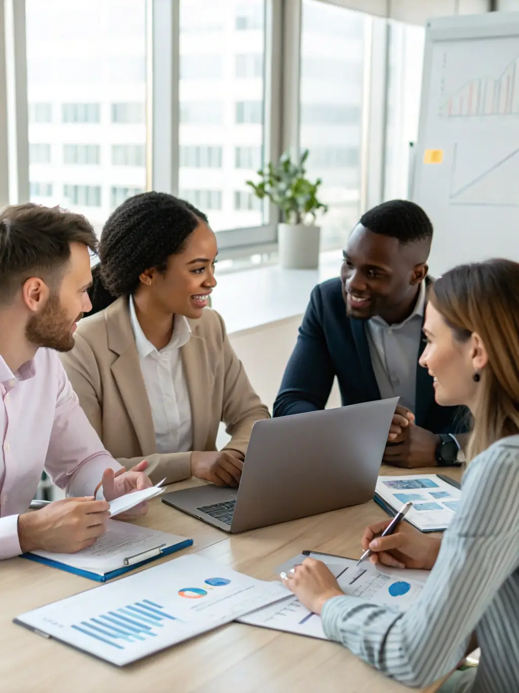 A diverse group of people collaborating on a long-term investment plan, emphasizing wealth building and financial security for the future.