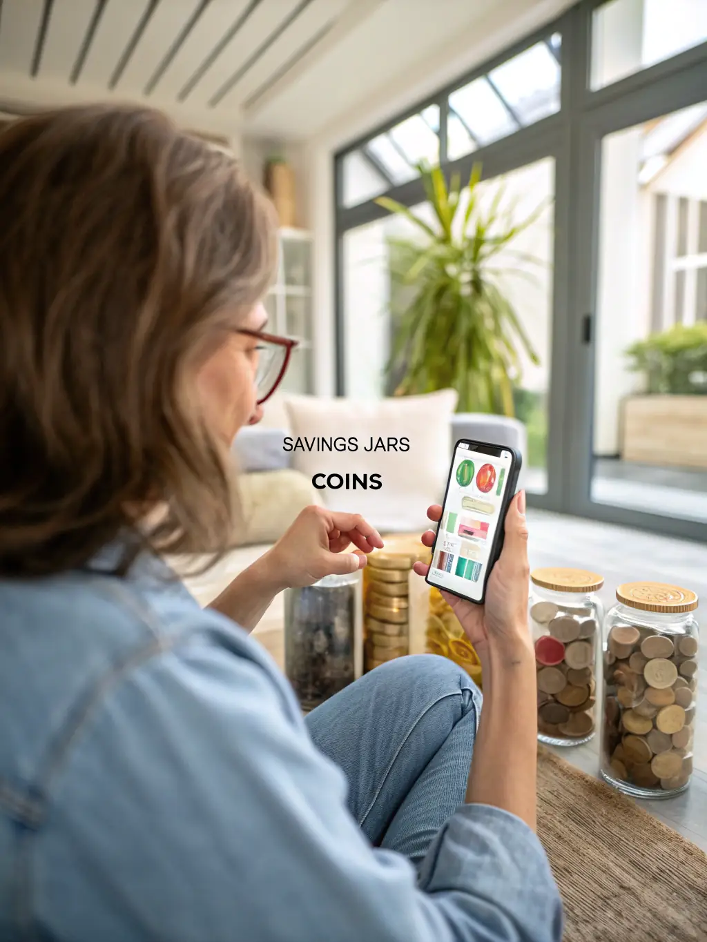 A person using a budgeting app on their smartphone, showing a clear and user-friendly interface with colorful charts and graphs illustrating income and expenses.