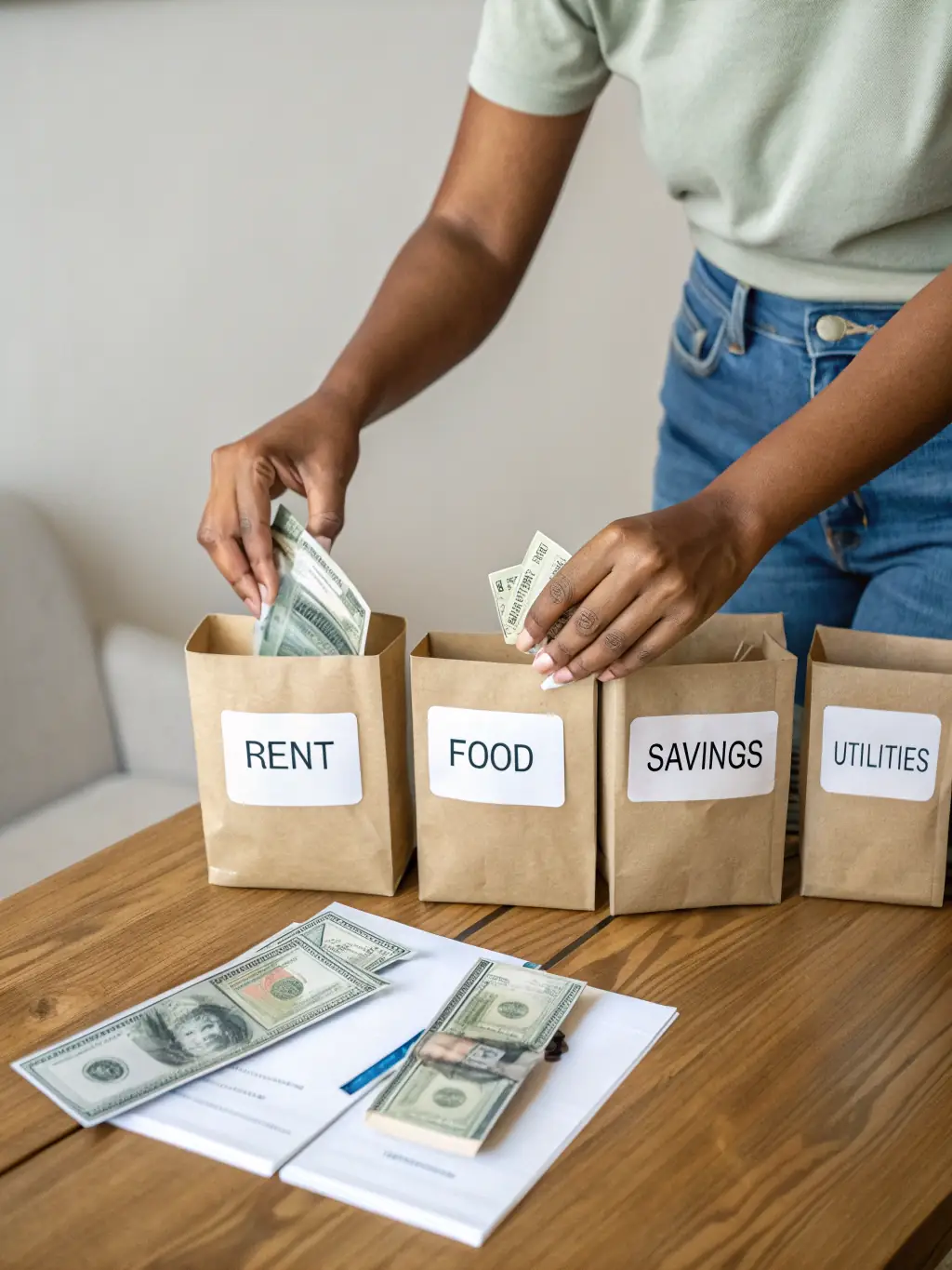 A visual representation of the envelope budgeting system, showing cash allocated into different envelopes labeled with categories like groceries, rent, and entertainment.